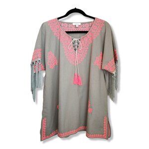 FREEWAY Anthropologie Embroidered Bell Sleeve BOHO Top Sz w/fringe &‎ tassels